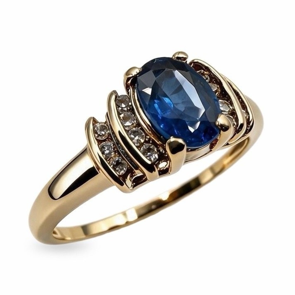Vintage 10K Gold Blue Sapphire & Diamond Ring Size 6.75 Oval Pave Ladies Dress